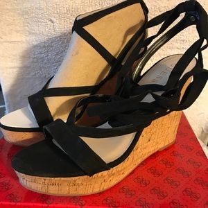 GUESS Cork Wedge Black Strappy Sandals size 11
